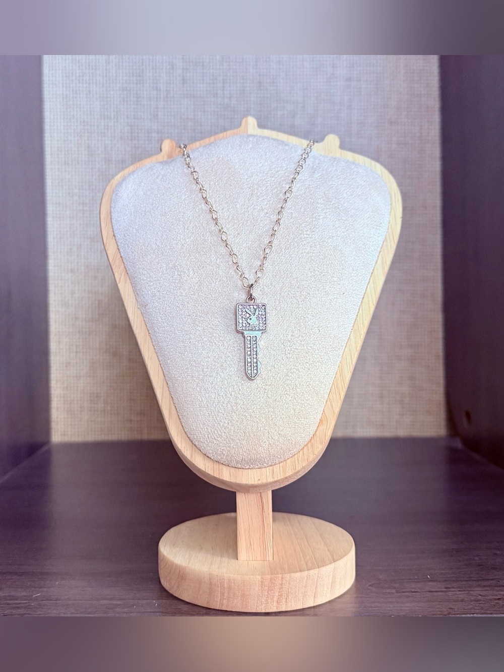 Pave Crystal Playboy Bunny Key Pendant .925 Sterling Necklace